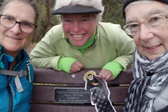 Ann, Catherine and Margaret at the bench dedicated to the Philippine Pilgrims, 2018