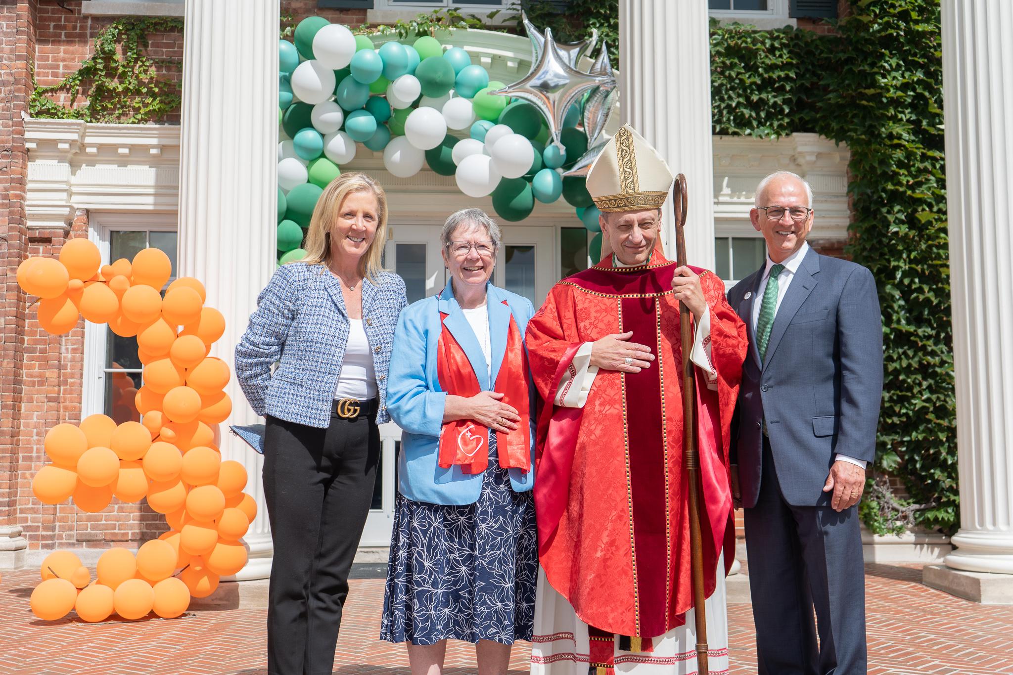 (right to left) Michael F. Baber with Bishop Frank J. Caggiano, Bishop of the Diocese of Bridgeport, Suzanne Cooke, RSCJ, and  Kathleen O'Connor, Chair of the Greenwich Board of Trustees . (Photo courtesy of Sacred Heart Greenwich)