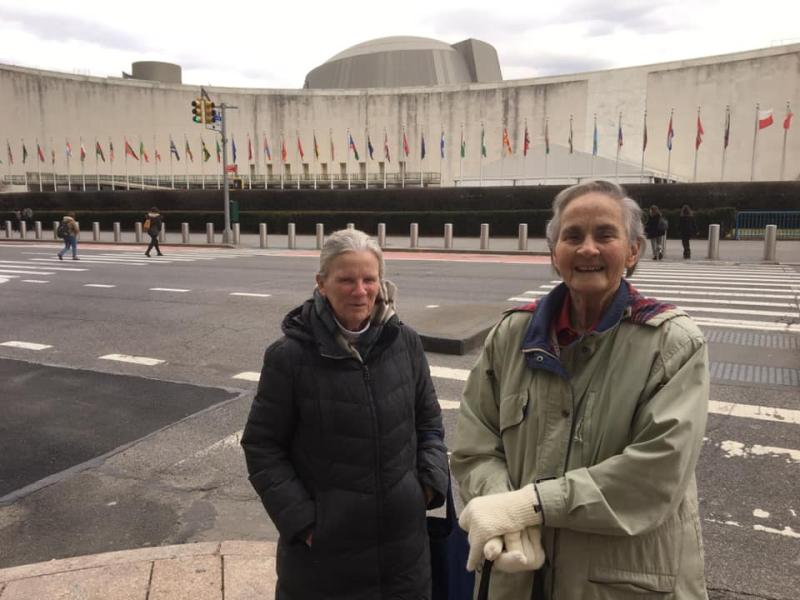 Helen O’Regan, RSCJ (left) and Constance Dryden, RSCJ (right) outside of the U.N. headquarters