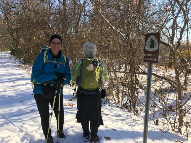 Catherine Dantin (left) with Anne Sieben (right) and Flat Philippine mid-pilgrimage