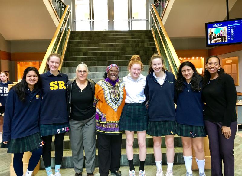 Left to right: Hannah Joseph ('19); Ele Grenfell ('19); Miss Paula Macchello; Irma Dillard, RSCJ; Claire Nickerson ('21); Kayla Kinkaid ('20); Sofia Morra ('21); and Miss Lauren Brownlee. The students are members of the Social Action Student Advisory Board.