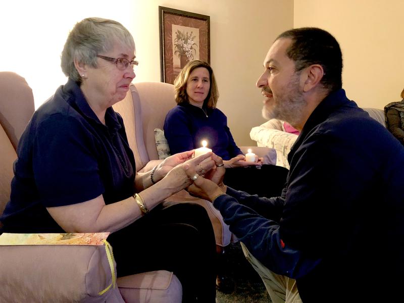 A moment of deep sharing during our 2018 November gathering of the USC Associate Leadership Team. L-R: Peggy Gorman, Angela Lagrange Scott, Sergio Vasquez