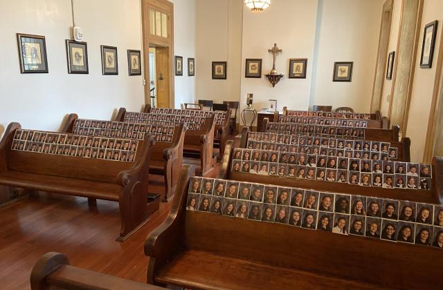 photos of students in the pews at the Shrine of Saint John Berchmans